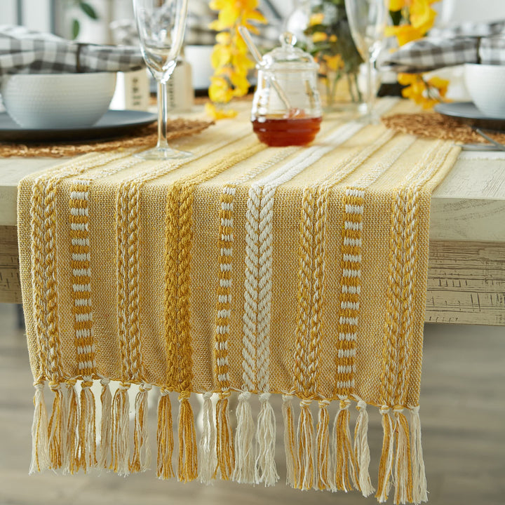 DII Farmhouse Braided Stripe Table Runner Collection, 15x108 (15x113, Fringe Included), Honey Gold 15x108" (15x113", Fringe Included) Striped