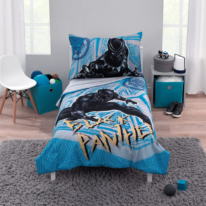 Marvel Black Panther Blue, Black, and Grey Warrior King 4 Piece Toddler Bed Set - Comforter, Fitted Bottom Sheet, Flat Top Sheet and Reversible Pillowcase Marvel Black Panther