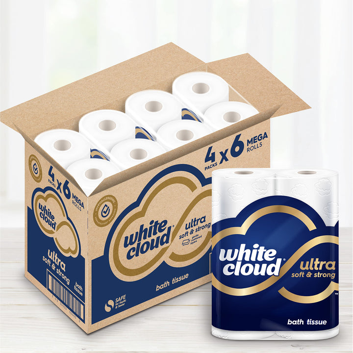 White Cloud Ultra Soft & Strong Toilet Paper, 4 packs of 6 Mega Rolls = 96 Regular Rolls