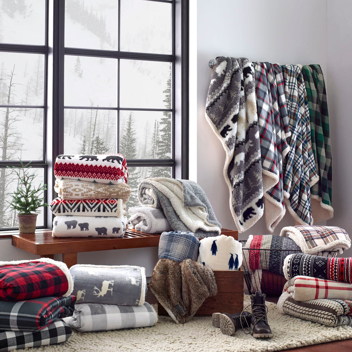 Eddie Bauer - Throw Blanket, Super Soft Reversible Cotton Flannel Sherpa Bedding, Ideal Christmas & White Elephant Gifts, Cozy Plaid Throw Blankets for Couch (Winslow Charcoal, Throw) Winslow Charcoal/Red