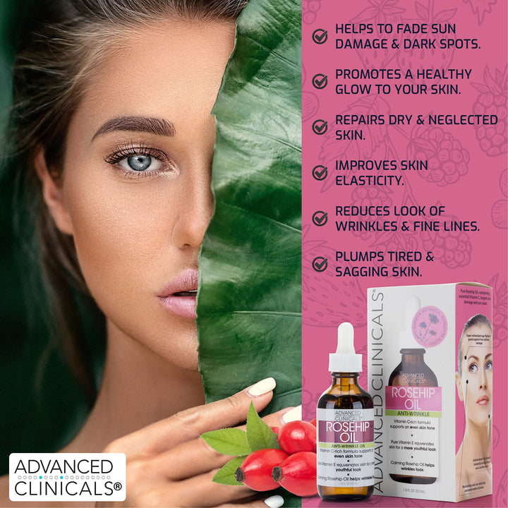 Advanced Clinicals Rosehip Oil For Face | Anti Wrinkle Facial Skin Care Serum | Vitamin C Serum Moisturizer Face Oil W/Vitamin E For Fine Lines, Dark Spots, Uneven Skin Tone, & Sun Damage, 1.8 Fl Oz