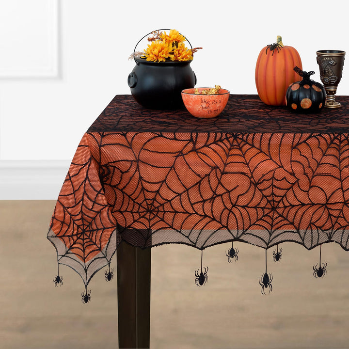 Elrene Home Fashions Crawling Spider Halloween Tablecloth Lace Lined with Removable Orange Plastic Liner, 60" x 84" Rectangle, Orange & Black Tablecloth (1) 60 in x 84 in