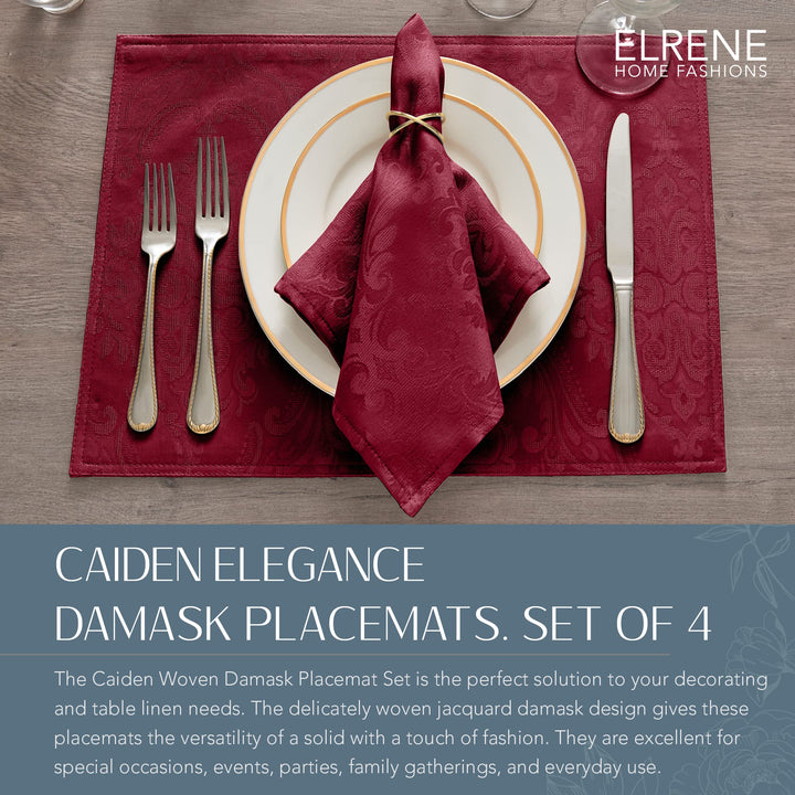 Elrene Home Fashions Caiden Elegance Damask Fabric Placemats (Set of 4), 13" x 19", Cranberry