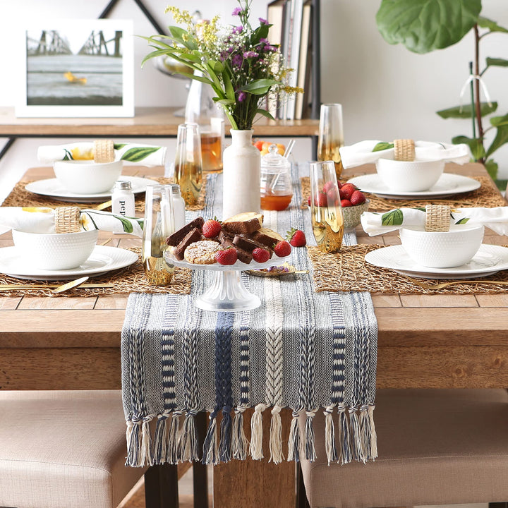 DII Farmhouse Braided Stripe Table Runner Collection, 15x108 (15x113, Fringe Included), French Blue 15x108" (15x113", Fringe Included) Striped