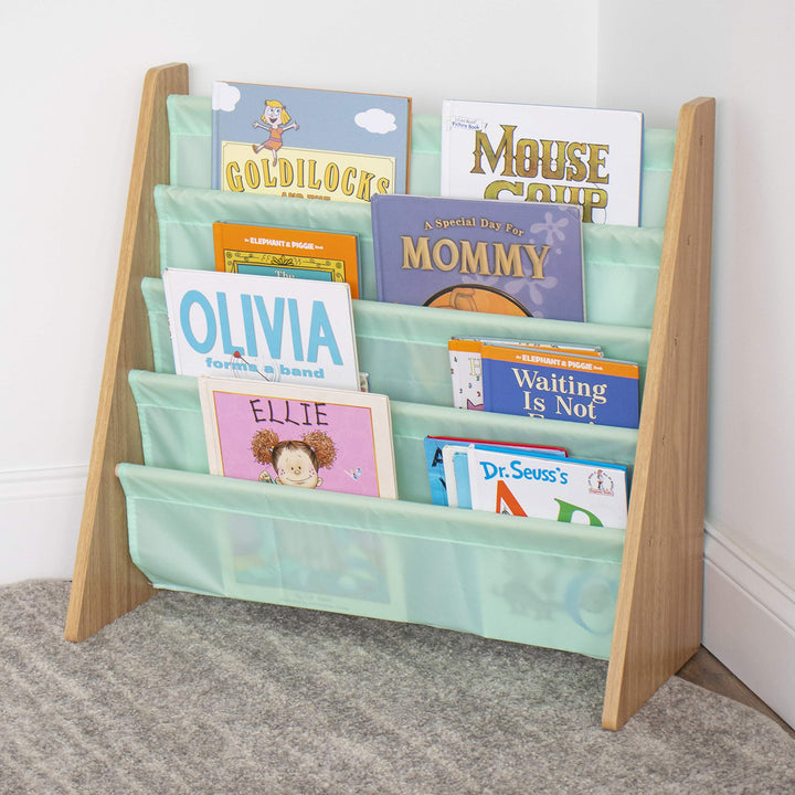 Humble Crew, 4 tier, Natural/White Kids Book Rack Storage Bookshelf with Deep Sleeves, Universal Natural Wood/White