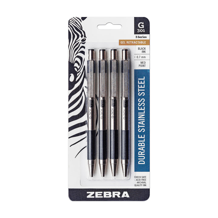 Zebra Pen G-301 Retractable Gel Ink Pen, Stainless Steel Barrel, Medium Point, 0.7mm, Black Ink, 4-Pack