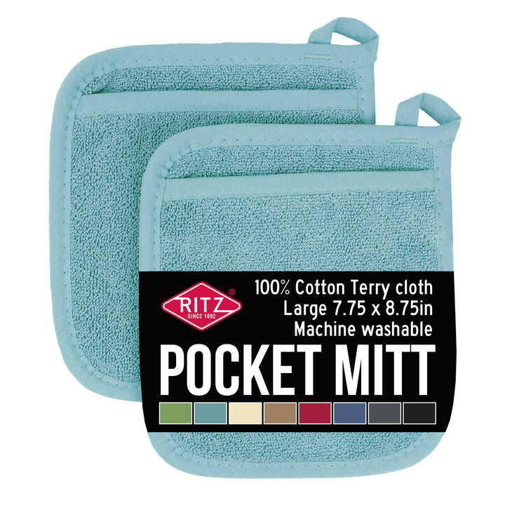 Ritz Terry Pocket Mitt & Hot Pad: Unparalleled Heat Resistant, Durable 100% Cotton – Ergonomically Designed for Optimal Grip – Easy-Care Machine Washable, Perfect for Your Kitchen – Dew, 2-Pk Pocket Mitt -- 2 pk