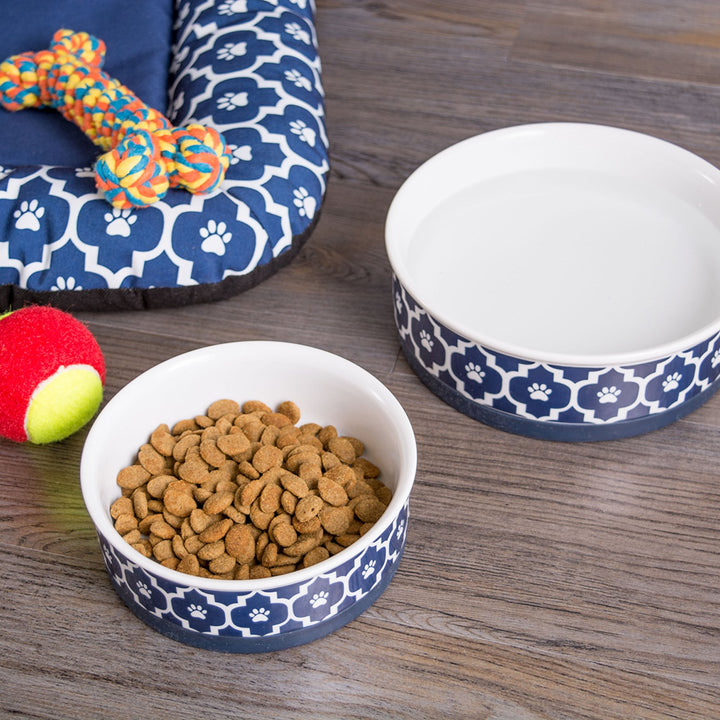 Bone Dry Lattice Pet Bowl, Removable Silicone Ring Creates Non-Slip Bottom for Secure Feeding & Less Mess, Microwave & Dishwasher Safe, Single Dish, Medium 6x2", Nautical Blue