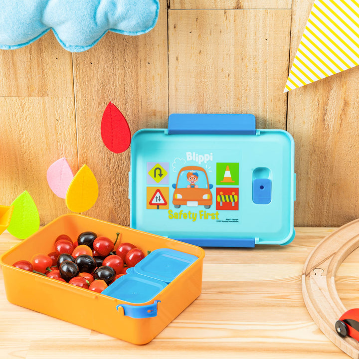 Zak Designs Blippi Reusable Plastic Bento Box with Leak-Proof Seal, Carrying Handle, Microwave Steam Vent, and Individual Containers for Kids' Packed Lunch (3-Piece Set)