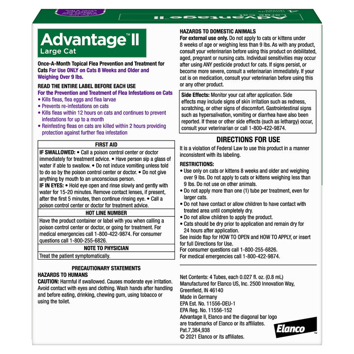 Advantage II Large Cat Vet-Recommended Flea Treatment & Prevention | Cats Over 9 lbs. | 4-Month Supply 4-Pack Large Cat only