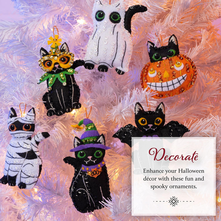 Bucilla, Purrfectly Spooky, Felt Applique 6 Piece Ornament Making Kit, Perfect for Halloween Arts and Crafts, 89649E