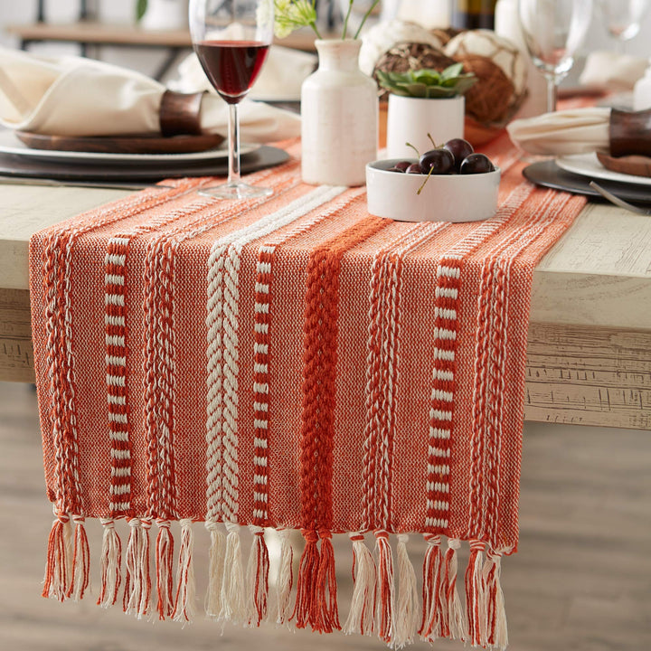 DII Farmhouse Braided Stripe Table Runner Collection, 15x108 (15x113, Fringe Included), Vintage Red