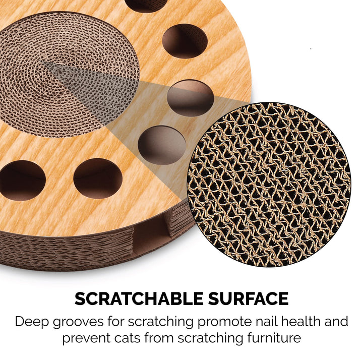 Furhaven Scratching Pad Ball Track Cat Toy w/ Catnip for Indoor Cats - Round Busy Box Scratcher - Tan, One Size