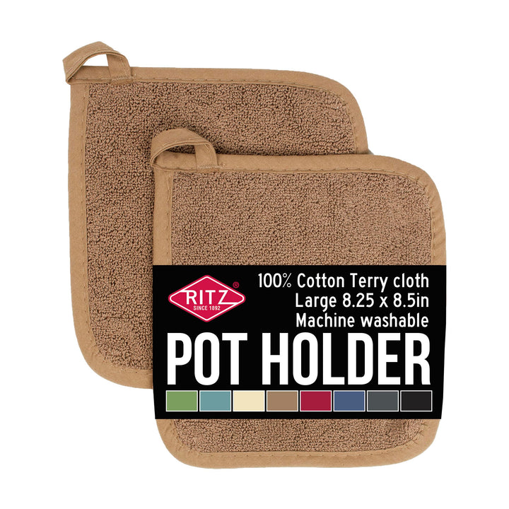 Ritz Terry Potholder & Hot Pad: Unparalleled Heat Resistant, Durable 100% Cotton – Ergonomically Designed for Optimal Grip – Easy-Care Machine Washable, Perfect for Your Kitchen – Mocha Brown, 2-Pk Pot Holder -- 2 pk