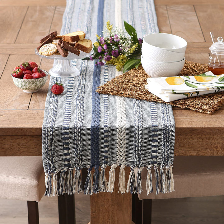 DII Farmhouse Braided Stripe Table Runner Collection, 15x72 (15x77, Fringe Included), French Blue 15x72" (15x77", Fringe Included) Striped