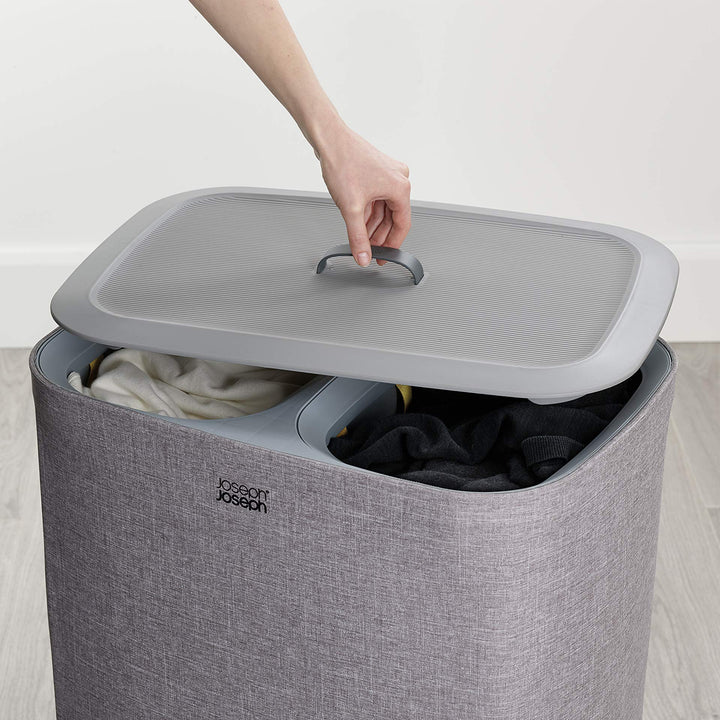 Joseph Joseph Tota 60-liter Laundry Hamper Separation Basket with lid, 2 Removable Washing Bags with Handles- Grey Dual 60L