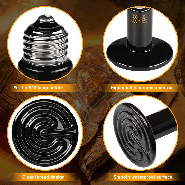 HealSmart Reptile Heat Lamp 150W 2-Pack Ceramic Heat Emitter, No Light Emitting Heat Bulbs for Amphibian Pet Brooder Coop Incubating Chicken, Lizard Bearded Dragon Turtle Snake Terrarium Black-2 Pack