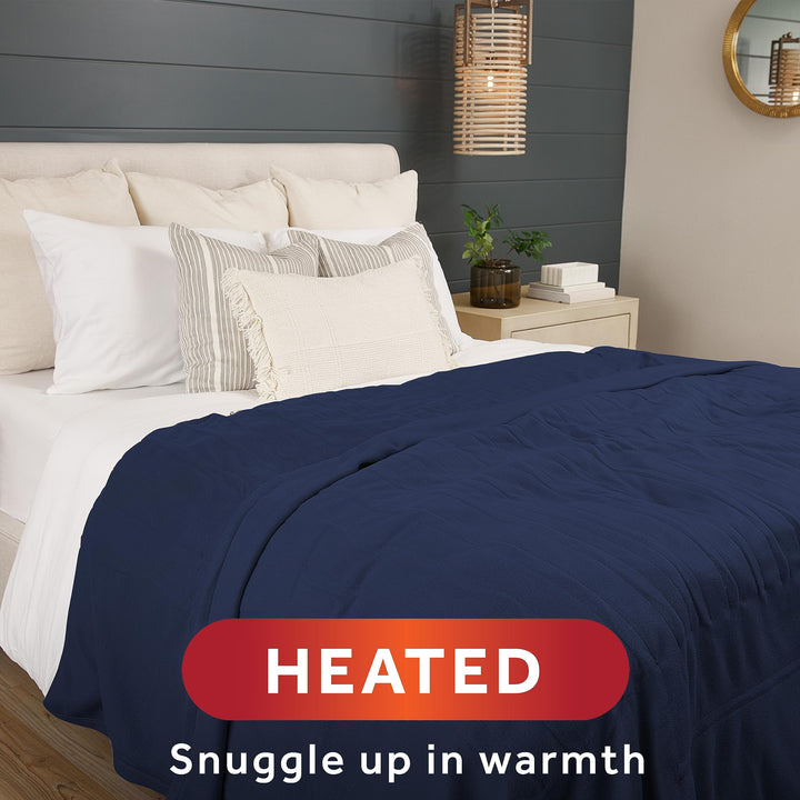 Sunbeam Royal Ultra Fleece Heated Electric Blanket Queen Size, 90" x 84", 12 Heat Settings, 12-Hour Selectable Auto Shut-Off, Fast Heating, Machine Washable, Warm and Cozy, Indigo