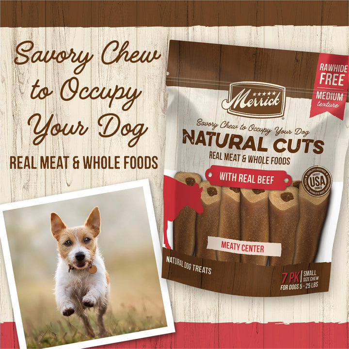 Merrick Natural Cuts Rawhide Free Dog Treats, Medium Texture Filled Dog Chew with Real Beef for Small Dogs - (6) 7 ct. Pouches Small Dog (5-25 LBS) 7 Count (Pack of 1)