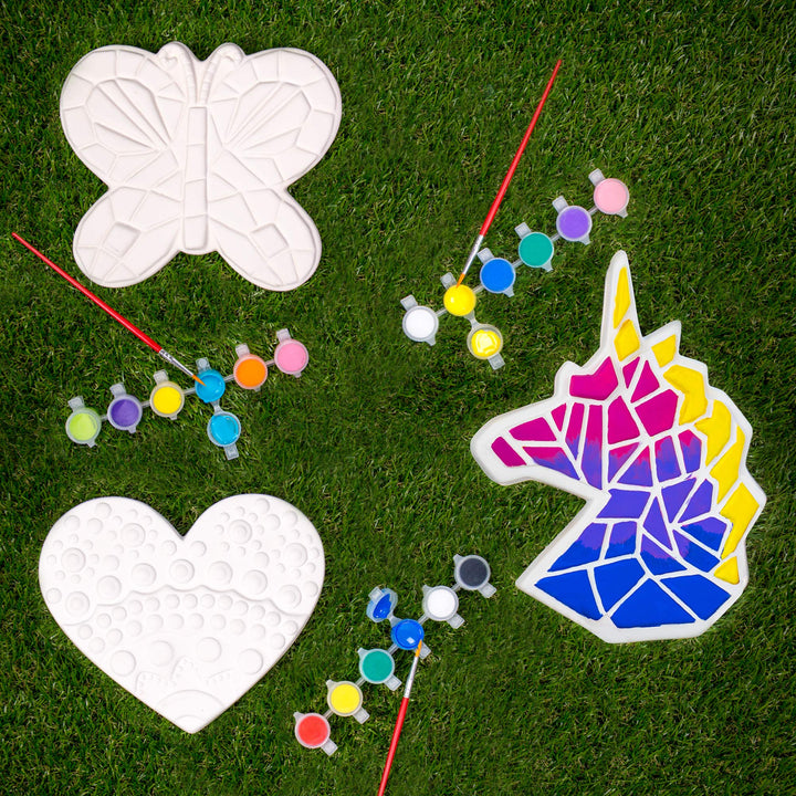 Creative Roots Mosaic Butterfly, Unicorn, & Heart Stepping Stone, Includes 3-Pack 7-Inch Ceramic DIY Stepping Stone & 6 Vibrant Paints, Paint Your Own Stepping Stone for Kids Ages 8+ 3 Pack Mystical