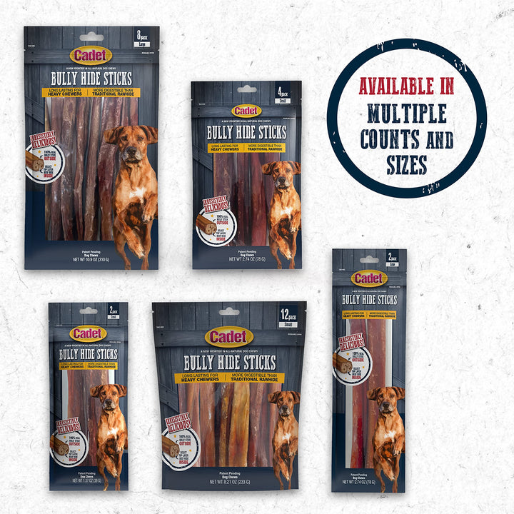 Cadet Bully Hide Sticks for Small, Medium and Large Dogs  All-Natural Beef Pizzle, High Protein, Low Fat, Long-Lasting, Grain & Rawhide-Free Dog Chews for Aggressive Chewers, Large (2 Count)