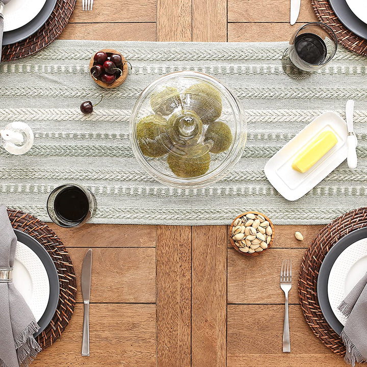 DII Farmhouse Braided Stripe Table Runner Collection, 15x108 (15x113, Fringe Included), Artichoke Green 15x108" (15x113", Fringe Included) Striped