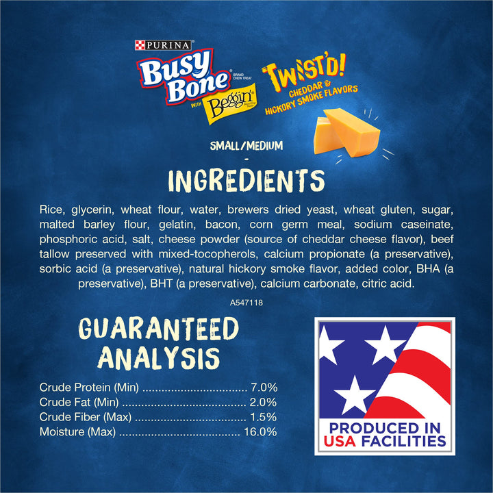 Purina Busy with Beggin' Made in USA Facilities Medium Dog Treats, Twist'd Cheddar and Hickory Smoke Flavors - 21 oz. Pouch