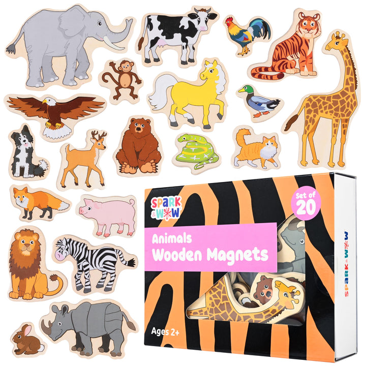 SPARK & WOW Wooden Magnets - Animals - Set of 20 - Magnets for Kids Ages 2+ - Cute Animal Magnets for Fridges, Whiteboards and More