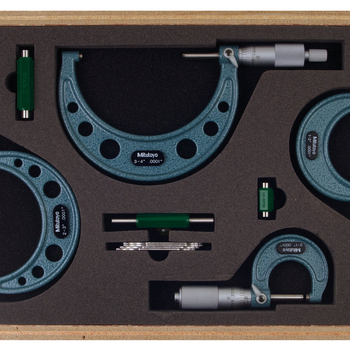 Mitutoyo 103-931 Outside Micrometer Set with Standards, 0-4" Range, 0.0001" Graduation (4 Piece Set) & 155-903, 5/16" to 6", 6 piece Telescoping Gage Set Micrometer Set + Gage Set