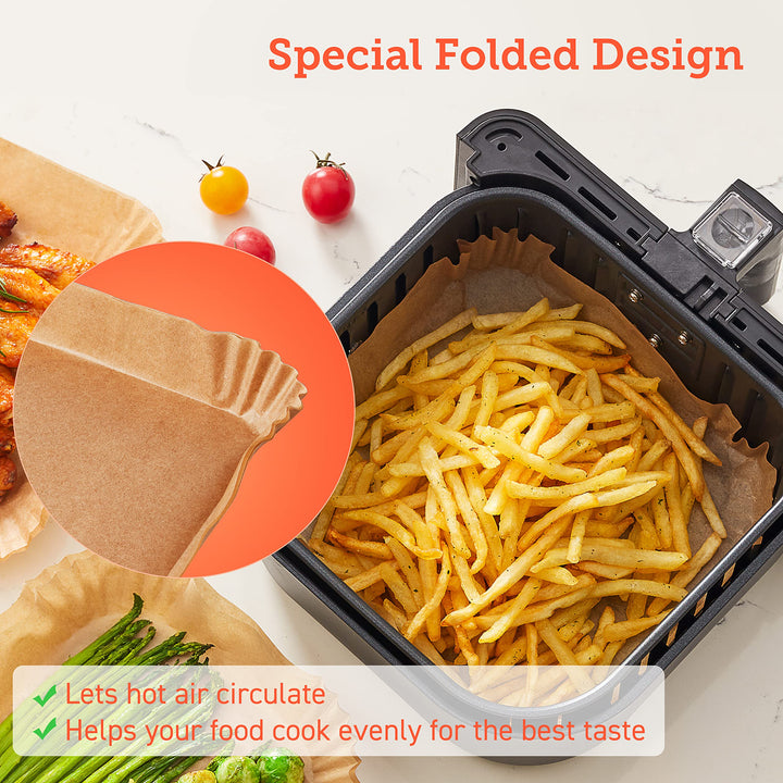 COSORI Air Fryer Liners, 100 PCS Square Disposable Paper Liners, Non-Stick Silicone Oil Coating, Little to No Cleaning, 7.9" Unbleached Food Grade, Resistant to 465F, Thickened Not Easy to Break