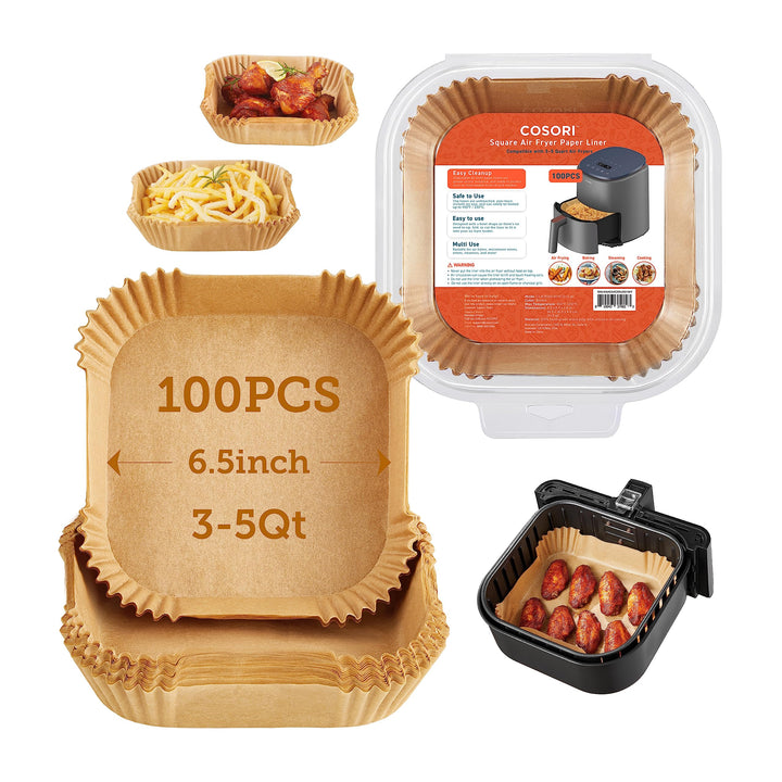 COSORI Air Fryer Liners, 100 PCS Square Disposable Paper Liners, Non-Stick Silicone Oil Coating, Little to No Cleaning, 6.5" Unbleached Food Grade, Resistant to 465°F, Thickened Not Easy to Break 3-5 QT Brown