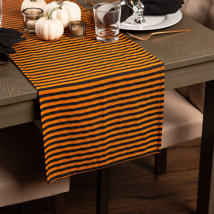 DII Halloween Party Tabletop Decor, Reusable & Machine Washable Cotton Fabric, Table Runner, 14x108, Witchy Black & Orange Stripe Table Runner, 14x108"