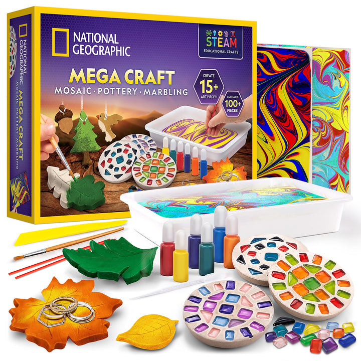 NATIONAL GEOGRAPHIC Arts & Crafts Kit - Mosaic, Marbling Paint, Air Dry Clay & 15 River Rocks to Paint & Decorate Crafts Kit + Crafts Kit