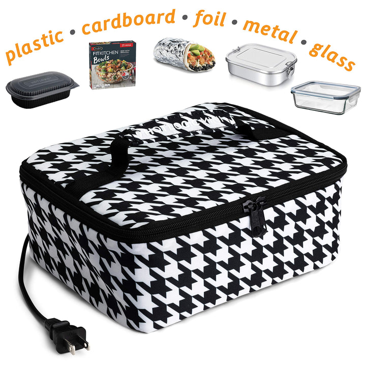 HOTLOGIC Mini Portable Electric Lunch Box Food Heater - Innovative Food Warmer and Heated Lunch Box for Adults Car/Home - Easily Cook, Reheat, and Keep Your Food Warm - HOUNDSTOOTH - 120V