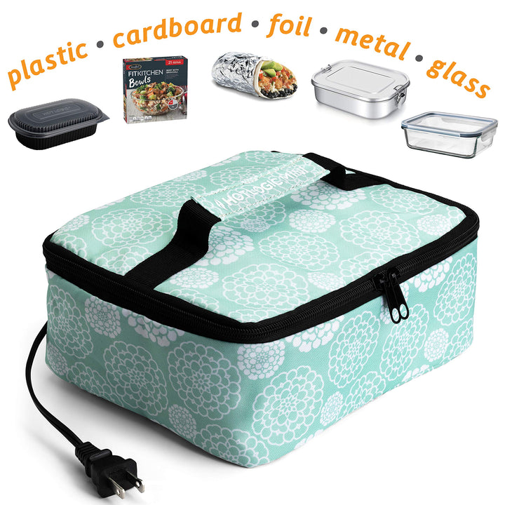 HotLogic Mini Portable Electric Lunch Box Food Heater - Innovative Food Warmer and Heated Lunch Box for Adults Car/Home - Easily Cook, Reheat, and Keep Your Food Warm - AQUA FLORAL - 120V