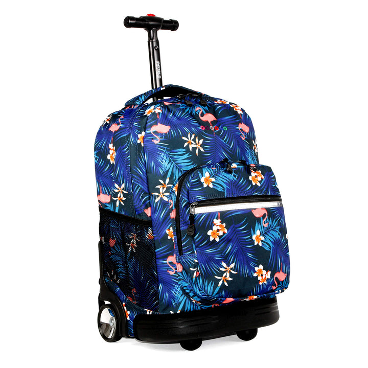 J World New York Sunrise Kids Rolling Backpack for Girls Boys Teen. Roller Bookbag with Wheels, New Flamingo, 18" 18"