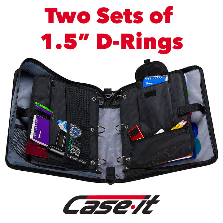 Case-it The Dual 2-in-1 Zipper Binder - Two 1.5 Inch D-Rings - Includes Pencil Pouch - Multiple Pockets - 600 Sheet Capacity - Comes with Shoulder Strap - Jet Black Dual-101 Single