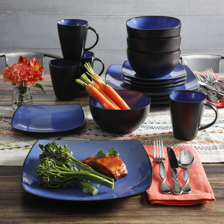 Gibson Soho Lounge Square Reactive Glaze Stoneware Dinnerware Set, Service for 4 (16pc), Sapphire Service for 4 (16pcs)