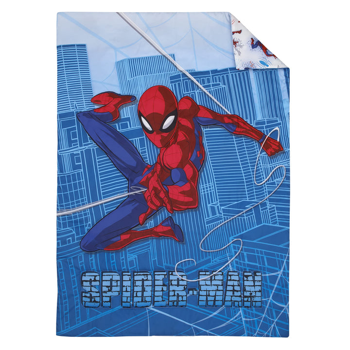 Marvel Spiderman Wall Crawler Red, White, and Blue Spider Webs 4 Piece Toddler Bed Set - Comforter, Fitted Bottom Sheet, Flat Top Sheet, and Reversible Pillowcase Marvel Spiderman