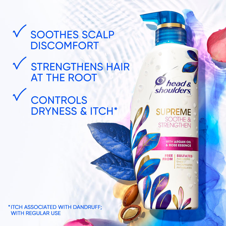 Head & Shoulders Supreme Dandruff Shampoo with Argan Oil, Anti Dandruff Scalp Treatment, Sulfate Free, Soothes Scalp, Deep Moisturization, Controls Itch, Natural Rose Essence, 28.2 Fl Oz