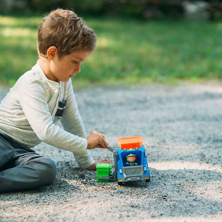 Blippi Recycling Truck - Includes Character Figure, Working Lever, 2 Trash Cubes, 2 Recycling Bins - Sing Along with Popular Catchphrases - Educational Toys for Kids -  Exclusive Blippi Recycling Truck