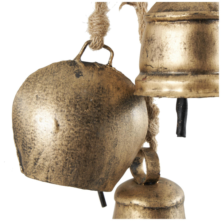 Deco 79 Gold Metal Tibetan Inspired String Hanging Decorative Bells with Jute Hanging Rope 4" x 8" x 52" - Cone 52" x 4" x 8"