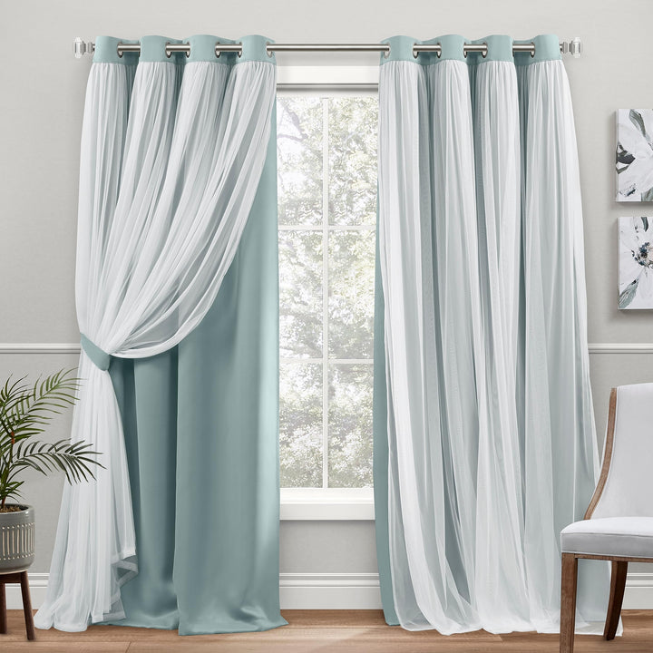 TOWN & COUNTRY LUXE Exclusive Home Catarina Layered Solid Room Darkening Blackout and Sheer Grommet Top Curtain Panel Pair, 52x108, Turquoise 2 Count 52"W x 108"L (Pack of 2)