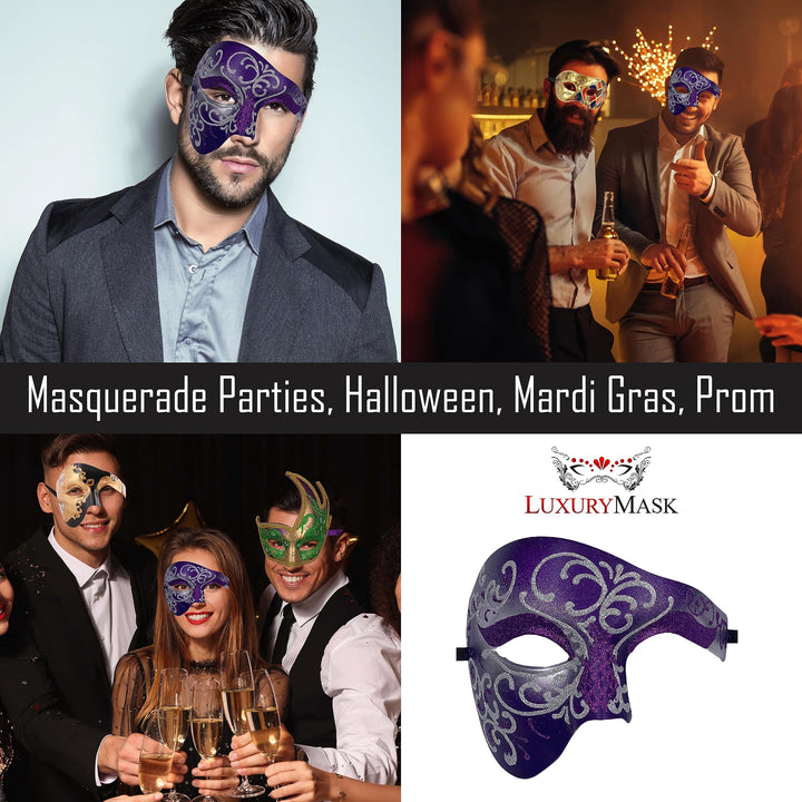 Masquerade Mask For Men Phantom Of The Opera Mask Prom Mardi Gras Haloween Venetian Half Face Mask Purple-silver One Size