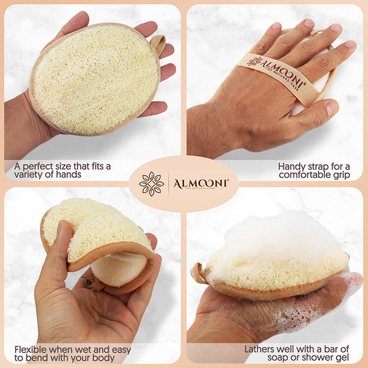 Almooni Natural Loofah Exfoliating Body Scrubber, Made with Natural Egyptian Shower Loofah Sponge, Bath Shower Loofah Sponge for Women and Men, for Face and Body That Gets You Clean - 2 Count (1 Pack)