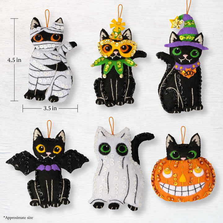 Bucilla, Purrfectly Spooky, Felt Applique 6 Piece Ornament Making Kit, Perfect for Halloween Arts and Crafts, 89649E