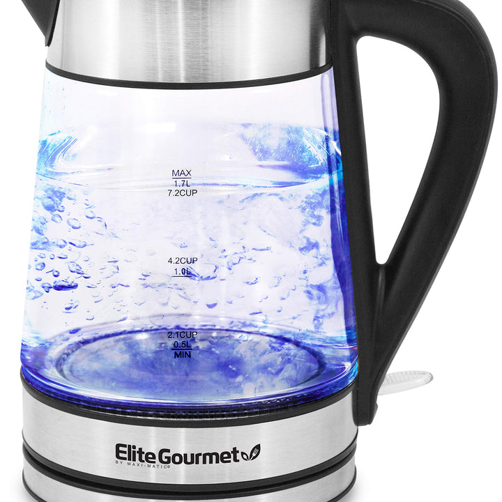 Elite Gourmet EKT1001 Electric 1.0L BPA-Free 1100W Glass Kettle Cordless 360° Base, Stylish Blue LED Interior, Handy Auto Shut-Off Function – Quickly Boil Water For Tea & More, Black 1.1 Quarts