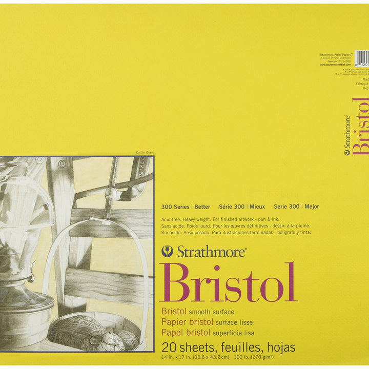 Strathmore 300 Series Bristol Paper Pad, Smooth, Tape Bound, 14x17 inches, 20 Sheets (100lb/270g) - Artist Paper for Adults and Students - Markers, Pen and Ink Tape Binding