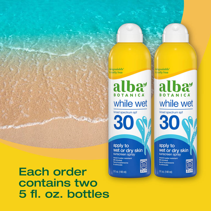 Alba Botanica Sunscreen for Face and Body, While Wet Sunscreen Spray, Broad Spectrum SPF 30, Water Resistant Sunscreen for Wet and Dry Skin, 5 fl. oz. Bottle (Pack of 2)