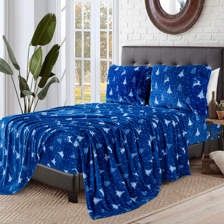 Elegant Comfort Luxuriously Soft 4-Piece Holiday Velvet Plush Flannel Sheet Set - Premium Quality - Cozy Warm, Christmas Fuzzy Velvet Flannel Fleece Deep Pocket Sheet Set - Cal King, Jingle Cats California King